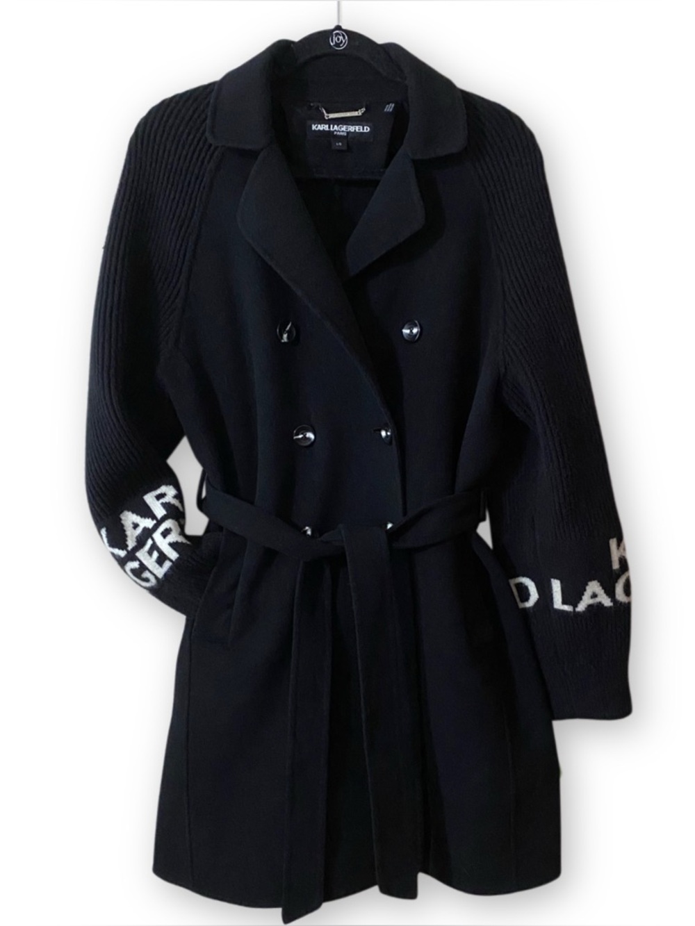 Karl Lagerfeld Paris Large Ribbed Sleeve Double Breasted Wool Blend Coat Black